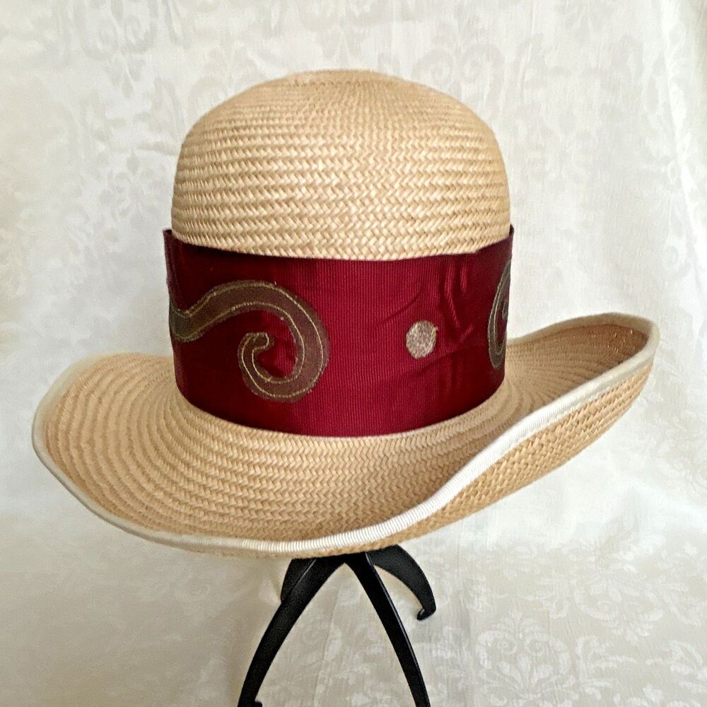 Sarah Beresford Barneys NY Woven Straw Derby Hat Cloche Burgundy Ribbon NWT UK